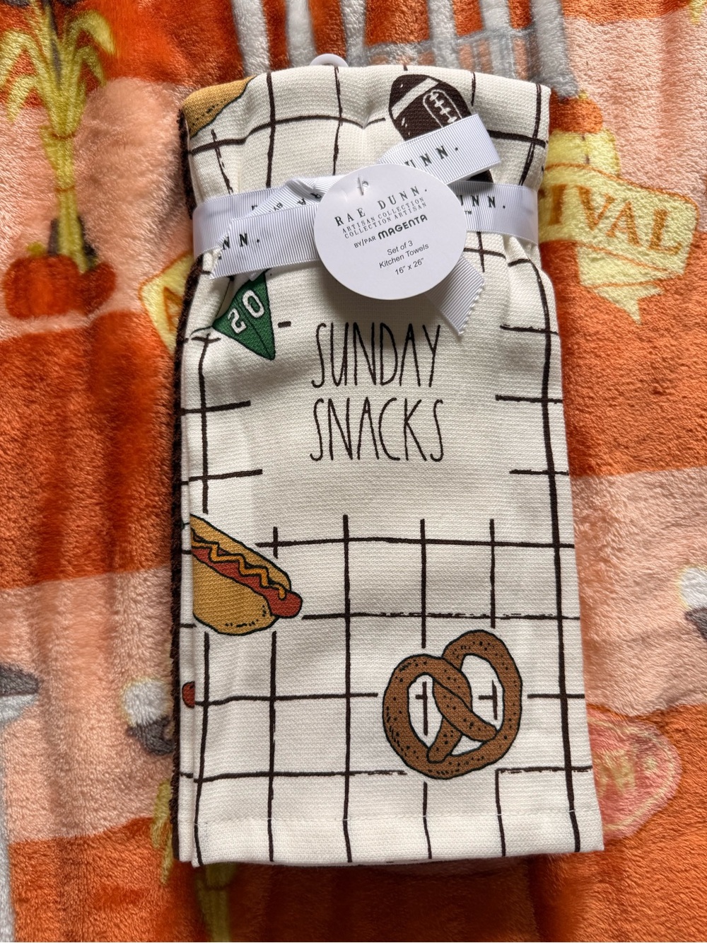 Rae Dunn White "Sunday Snacks" Football Kitchen Towel Set of 3